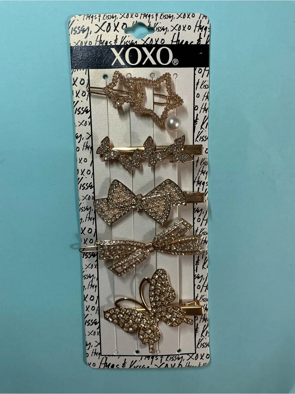 XOXO Gold Rhinestone Butterfly Stars & Bow Hair Clip Set of 5